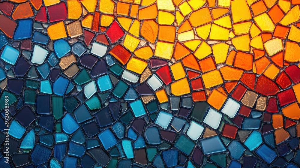 Poster abstract background with a mosaic pattern of small, colorful tiles arranged in a random order.