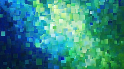Abstract background with a pixelated effect, featuring small squares in various shades of blue and green. -