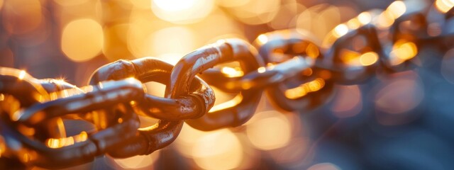 Close-up of a chain with golden bokeh background