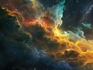 Obraz premium A vibrant nebula with swirling clouds of gas and dust in a deep space background with twinkling stars.