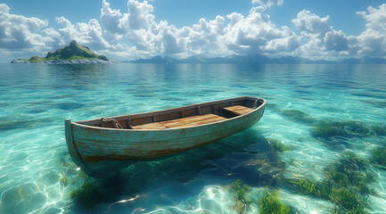 Naklejka premium the row boat in the green ocean water of a tropical island 