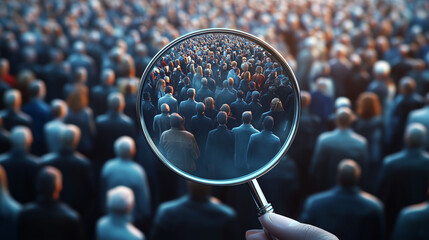 Magnifying glass focusing on unique individual among crowd representing customercentric approach and personalized service 3d render. 3d crowd. Illustrations

