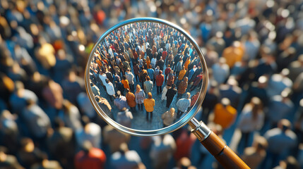 Magnifying glass focusing on unique individual among crowd representing customercentric approach and personalized service 3d render. 3d crowd. Illustrations

