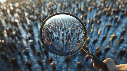 Magnifying glass focusing on unique individual among crowd representing customercentric approach and personalized service 3d render. 3d crowd. Illustrations

