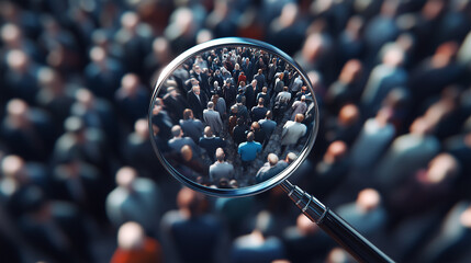 Magnifying glass focusing on unique individual among crowd representing customercentric approach and personalized service 3d render. 3d crowd. Illustrations
