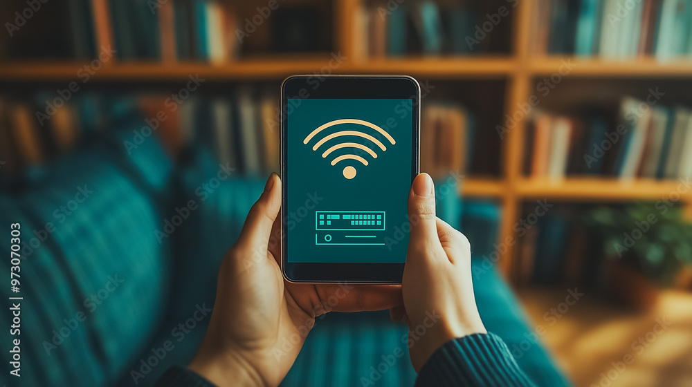 Poster a person is holding a tablet with a wifi symbol on it. the tablet is being held in front of a couch 
