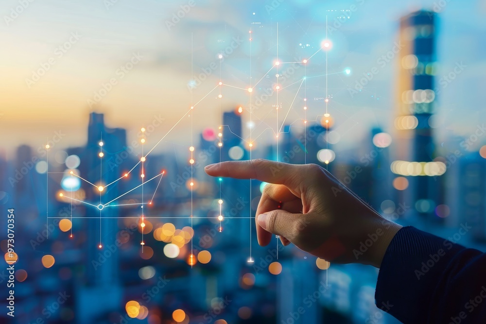 Poster a professional points at floating digital graphs and data visualizations while standing against a vi