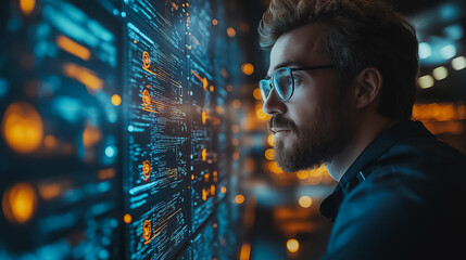 A man with glasses is looking at a computer screen with a lot of numbers and symbols. Concept of focus and concentration as the man studies the data on the screen