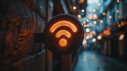 A sign with a wifi symbol on it is lit up. The sign is on a brick wall