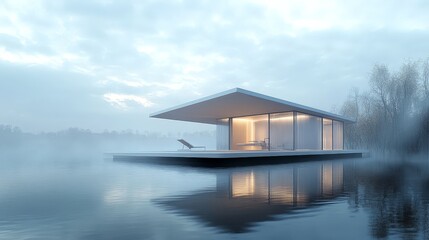 Fototapeta premium A floating pavilion design uses lightweight materials and innovative engineering to create a structure that appears to hover above the water