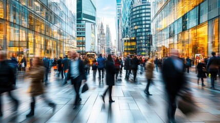 Dynamic city street scene with busy pedestrians and modern architecture