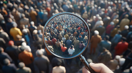 Magnifying glass focusing on unique individual among crowd representing customercentric approach and personalized service 3d render. 3d crowd. Illustrations
