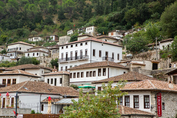 Obraz premium The famous old town of Berat in Albania. Picturesque street with houses from the Ottoman era. Beautiful landscape in central Albania.