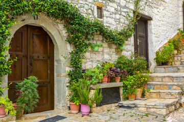 The famous old town of Berat in Albania. Picturesque street with houses from the Ottoman era. Beautiful landscape in central Albania.