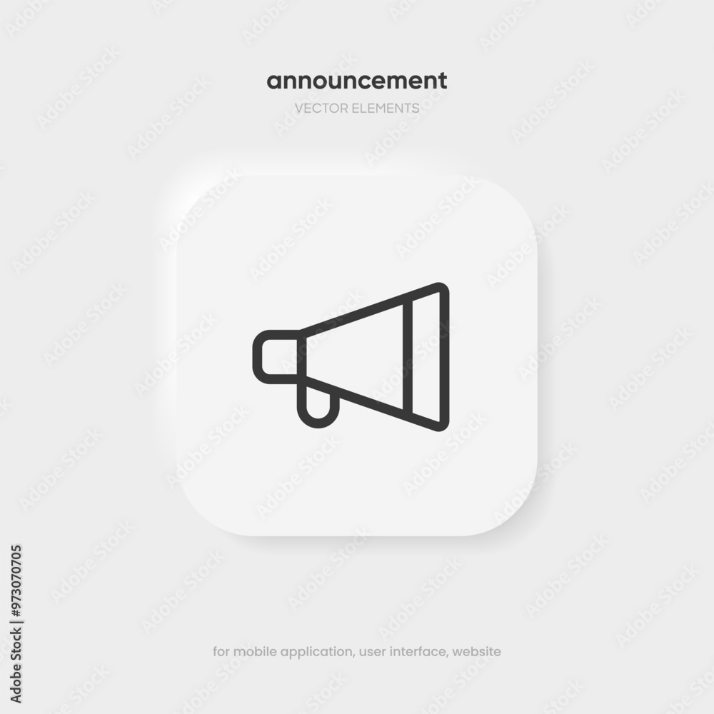 Fototapete Speaker and sound icon. Computer voice icon. Megaphone and music icon. Sound pictogram. Musical note. Audio sign. UI UX element. Sound button. Audio system, noise with soft UI, push button.