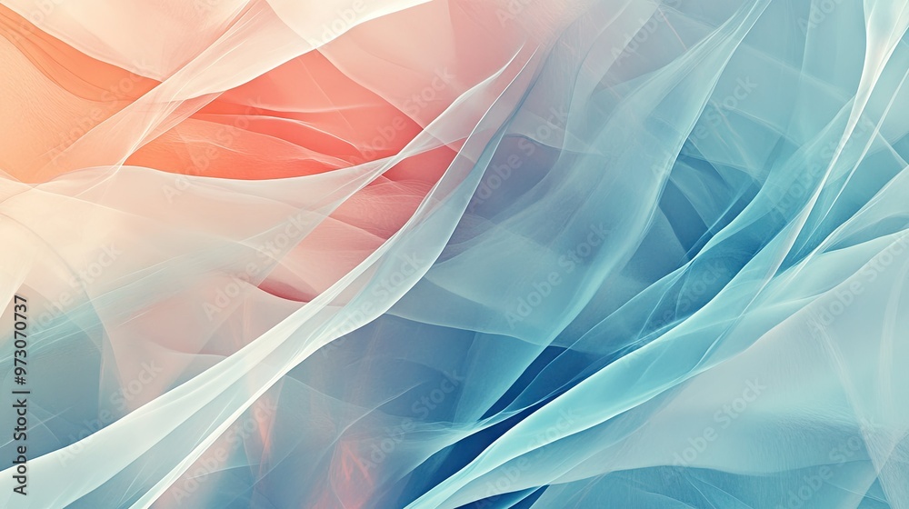 Poster abstract background with layers of translucent shapes in cool tones, creating a sense of depth.