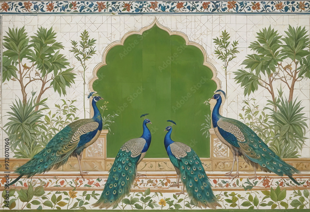 Wall mural traditional mughal indian arch garden with peacock, birds, jungle art prints wallpaper mural for liv