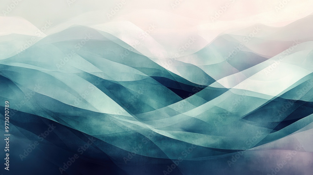 Poster abstract background with layers of translucent shapes in cool tones, creating a sense of depth.