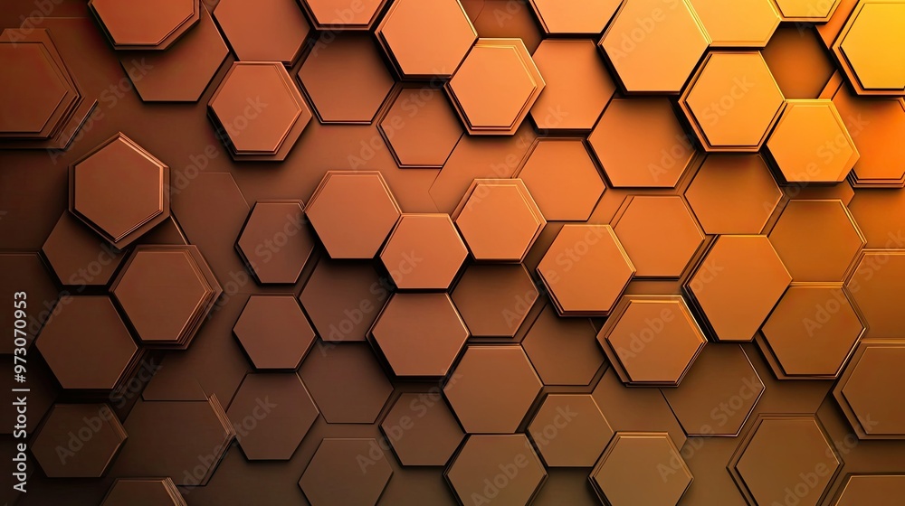 Poster abstract background with overlapping hexagons in a gradient of warm colors, creating a honeycomb eff
