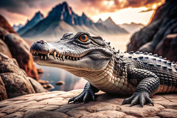 Obraz premium Alligator basking on a rocky outcrop with a mountainous background