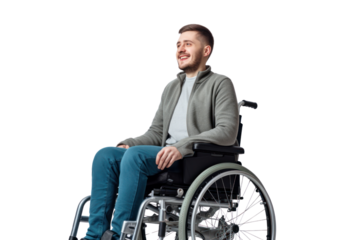 Cheerful young man with a contagious smile sitting in a modern wheelchair, isolated on white background.