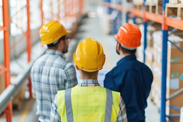 Warehouse workers in safety gear and hard hats inspecting inventory and discussing logistics in a large storage facility.