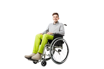 Cheerful young man with a contagious smile sitting in a modern wheelchair, isolated on white background.