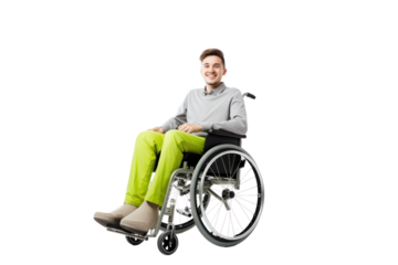Cheerful young man with a contagious smile sitting in a modern wheelchair, isolated on white background.