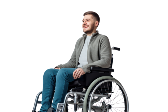 Cheerful young man with a contagious smile sitting in a modern wheelchair, isolated on white background.