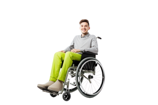Cheerful young man with a contagious smile sitting in a modern wheelchair, isolated on white background.
