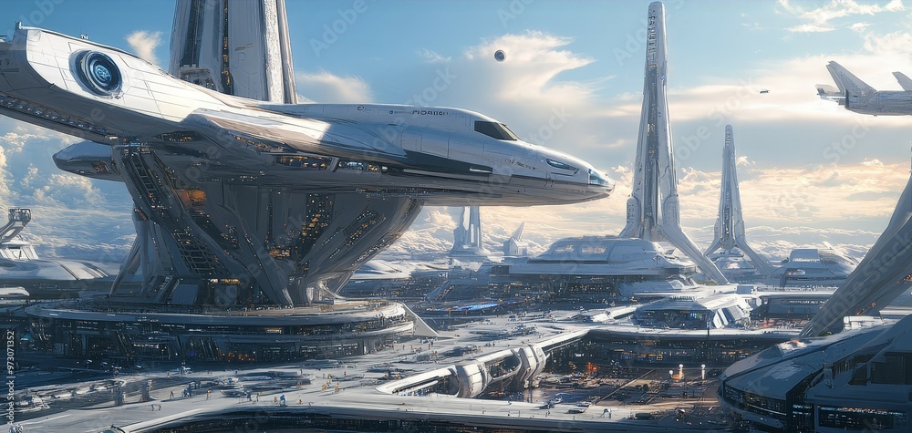 Wall mural a futuristic spaceport with advanced spacecraft and launch systems.