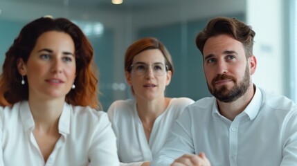 Obraz premium Group of professionals attentively listening during a business meeting in a modern office