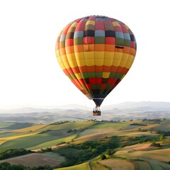 Obraz premium Vibrant Hot Air Balloon Drifting Over Picturesque Countryside Landscape