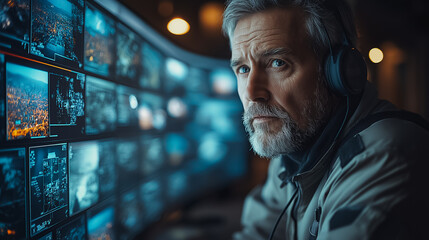A man wearing headphones is looking at a computer screen with many monitors. The screens are displaying various images and the man is focused on one of them. Concept of concentration and productivity