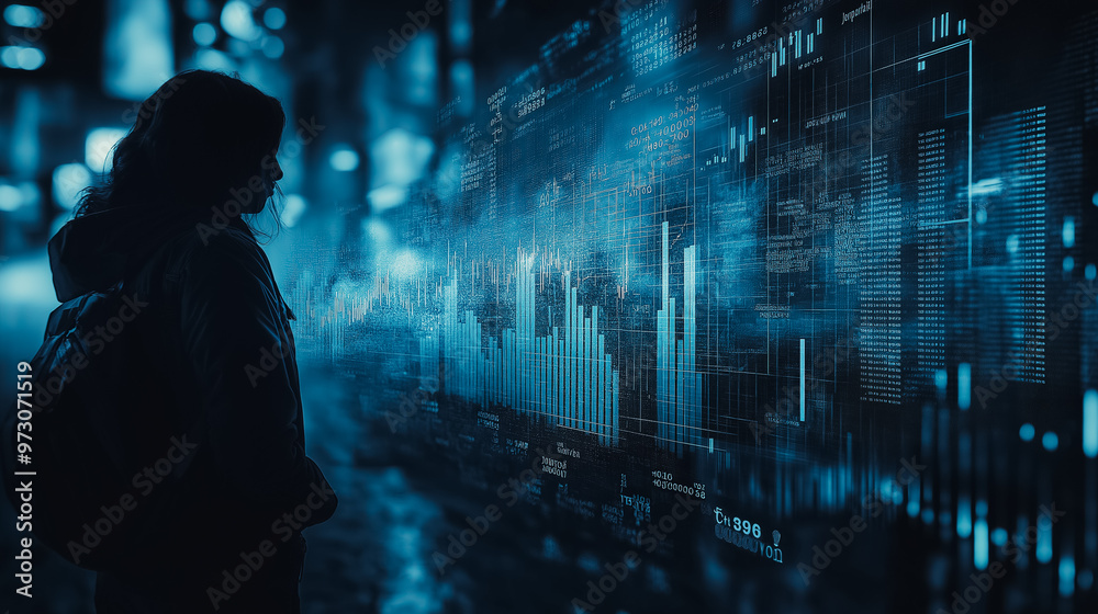 Poster a woman is looking at a computer screen with a lot of numbers and graphs. concept of complexity and 