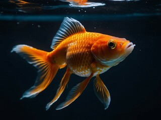 Goldfish seen up close in an aquarium with dark water behind.