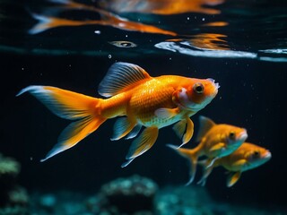 Goldfish swimming closely in an aquarium with dark water behind.