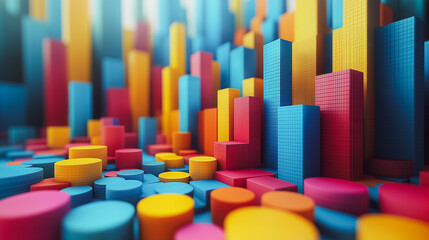 A colorful cityscape made of blocks and cubes. The blocks are in various colors, including red, yellow, and blue. The blocks are arranged in a way that creates a sense of depth and dimension