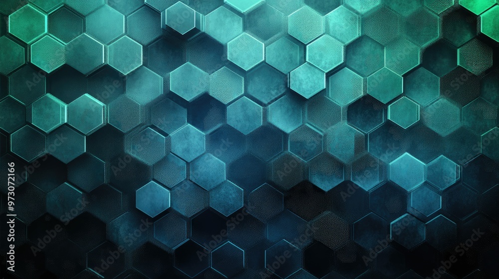 Poster an abstract digital pattern of interconnected hexagons in a gradient of blues and greens.