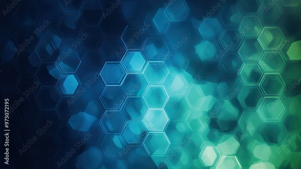 Poster an abstract digital pattern of interconnected hexagons in a gradient of blues and greens.