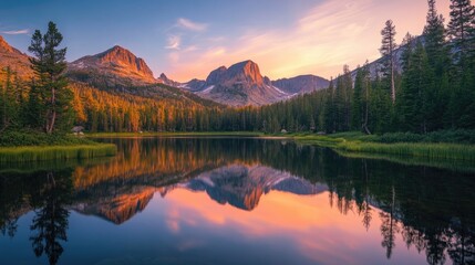 Fototapeta premium Peaceful lake reflecting surrounding mountains during sunset