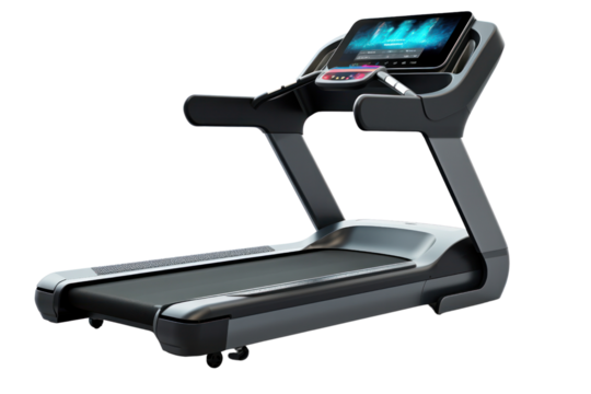 High-end treadmill with large touch screen, isolated on white background.