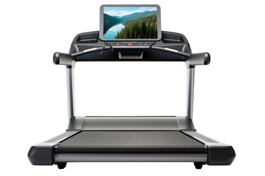 High-end treadmill with large touch screen, isolated on white background.