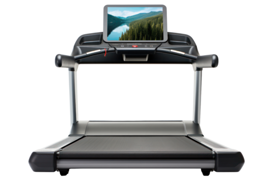 High-end treadmill with large touch screen, isolated on white background.
