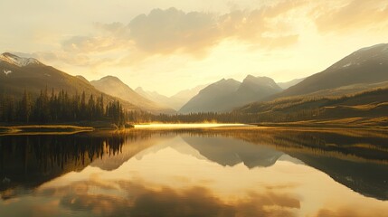 Peaceful lake reflecting surrounding mountains during sunset