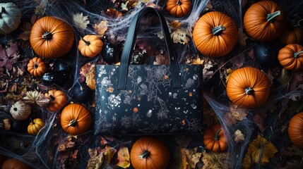 A tote bag with a spooky design, surrounded by mini pumpkins, cobwebs, and a dark backdrop