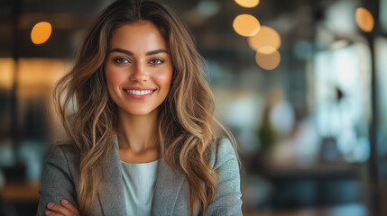 Obraz premium A woman with long brown hair is smiling and posing for a picture. She is wearing a gray jacket and a white shirt