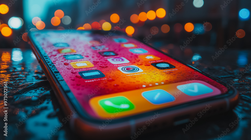 Wall mural a phone with a wet screen and a red background