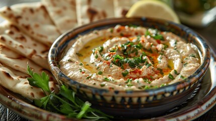 Middle Eastern mezze platter with hummus, baba ganoush, and pita bread.