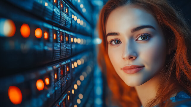 A woman with red hair is looking at the camera. The image is of a computer server room with many lights
